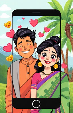 A romantic illustration depicting two Indian teenagers who met online and fell in love