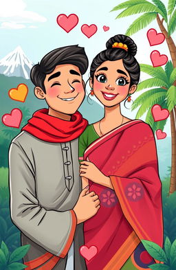 A romantic illustration depicting two Indian teenagers who met online and fell in love