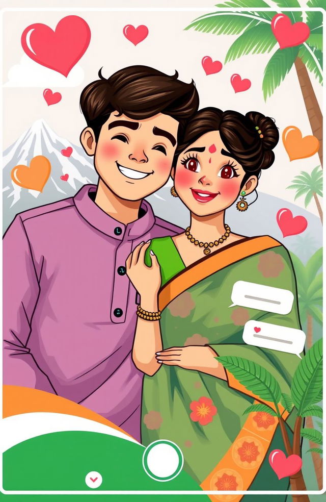 A romantic illustration depicting two Indian teenagers who met online and fell in love