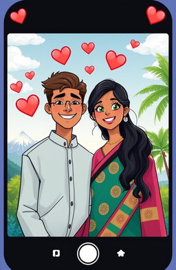 A romantic illustration depicting two Indian teenagers who met online and fell in love