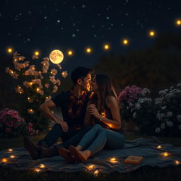 A romantic night scene featuring a couple in an intimate setting