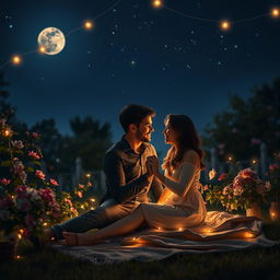 A romantic night scene featuring a couple in an intimate setting