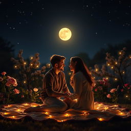 A romantic night scene featuring a couple in an intimate setting