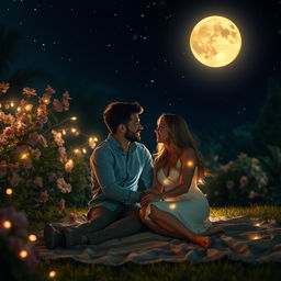 A romantic night scene featuring a couple in an intimate setting