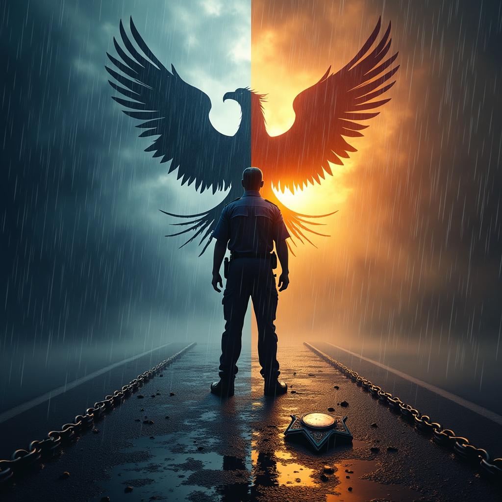 A striking silhouette of a police officer standing at a crossroads, one side drenched in rain symbolizing struggle with dark blues and grays, while the opposite side shines with sunlight, representing hope with vibrant hues