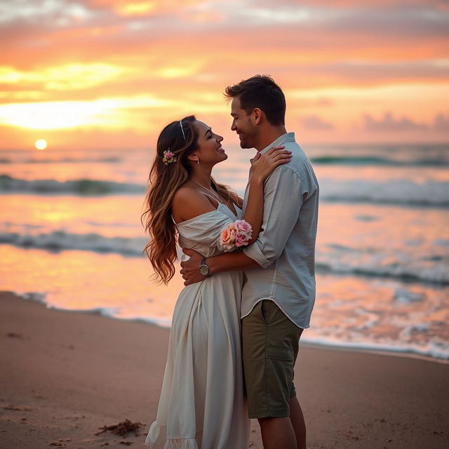 A romantic scene featuring a couple embraced in a moment of intimacy at sunset