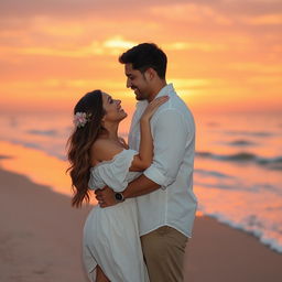A romantic scene featuring a couple embraced in a moment of intimacy at sunset