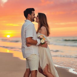 A romantic scene featuring a couple embraced in a moment of intimacy at sunset