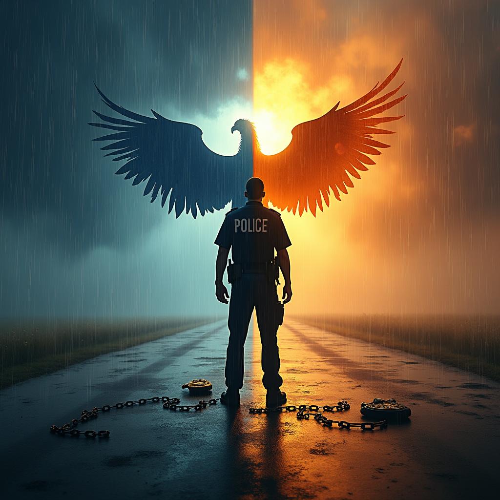 A striking silhouette of a police officer standing at a crossroads, one side engulfed in pouring rain representing struggle, with dark blues and grays, while the opposite side basks in bright sunlight, showcasing hope with vibrant colors