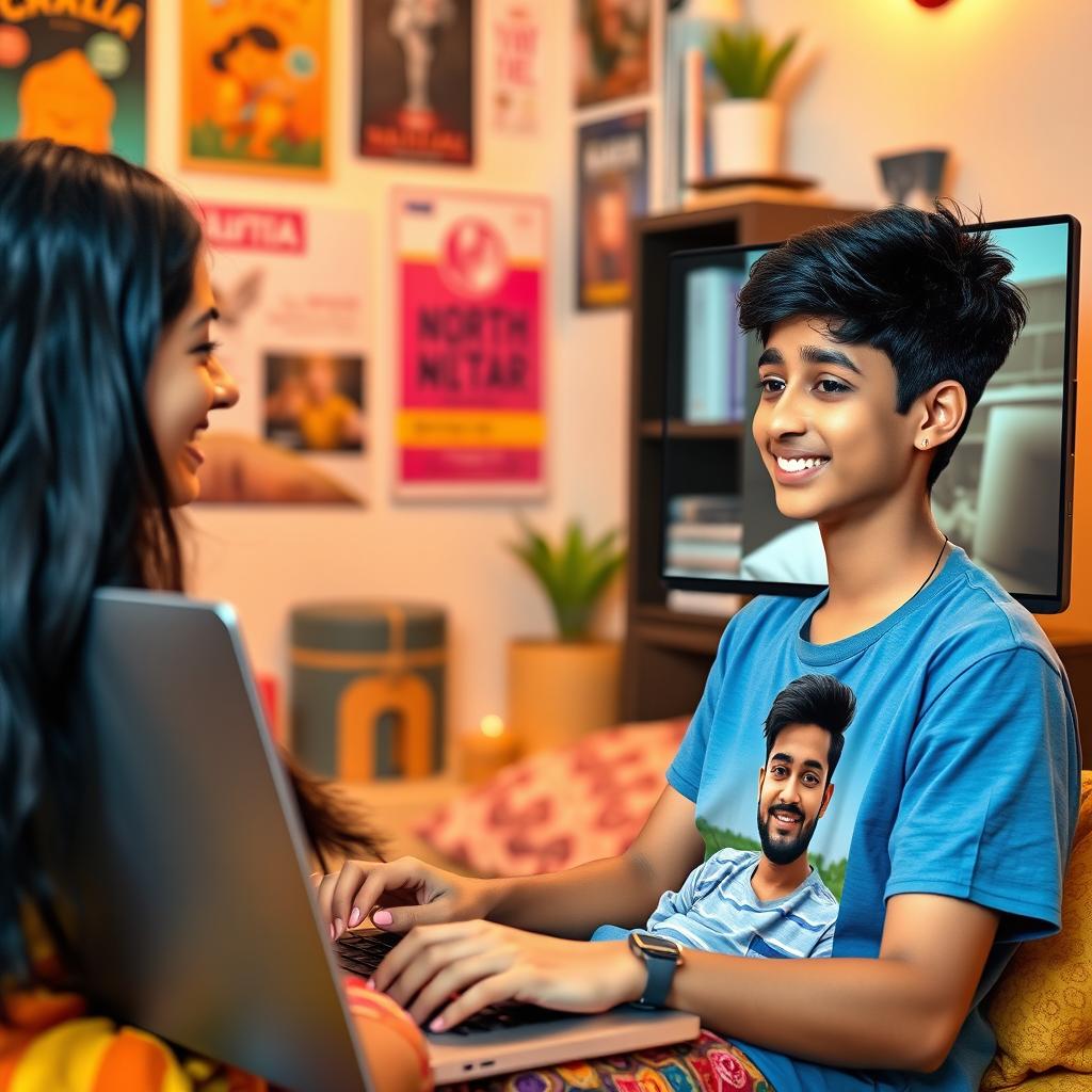 A beautiful South Indian teenage girl with long black hair, wearing a colorful traditional outfit, is chatting online with a North Indian boy