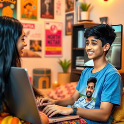 A beautiful South Indian teenage girl with long black hair, wearing a colorful traditional outfit, is chatting online with a North Indian boy