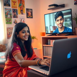 A beautiful South Indian teenage girl with long black hair, wearing a colorful traditional outfit, is chatting online with a North Indian boy