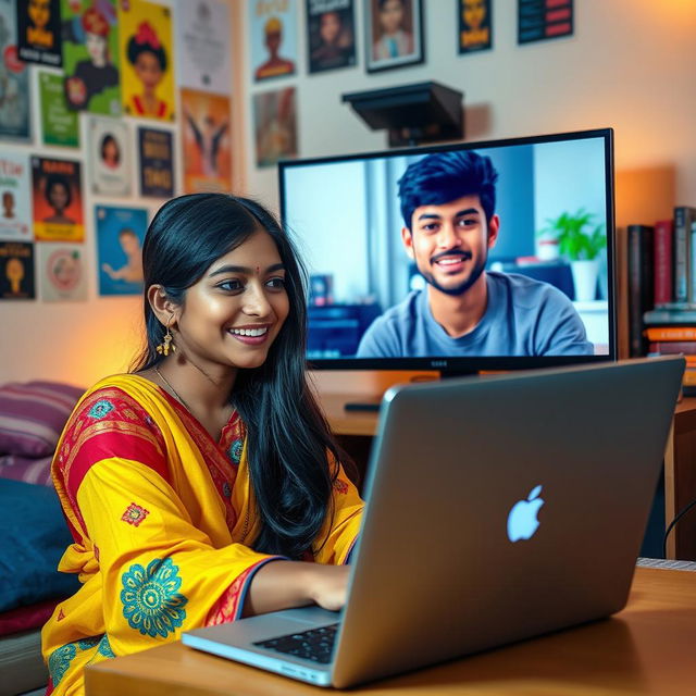 A beautiful South Indian teenage girl with long black hair, wearing a colorful traditional outfit, is chatting online with a North Indian boy