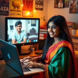 A beautiful South Indian teenage girl with long black hair, wearing a colorful traditional outfit, is chatting online with a North Indian boy