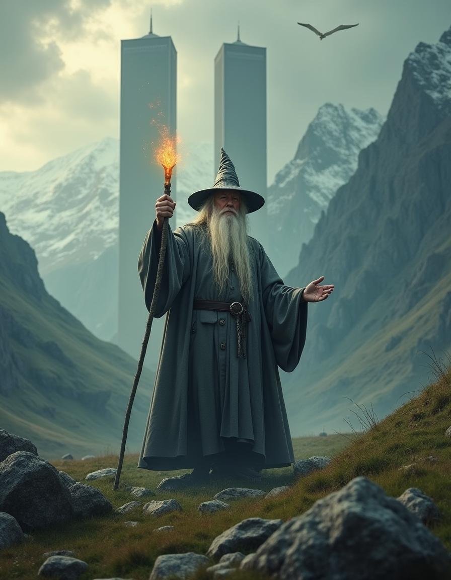 A magnificent scene depicting Donald Trump personified as Gandalf the Grey, with his recognizable features and hairstyle, dressed in traditional fantasy attire — a flowing gray robe and a pointed hat typical of Middle-earth