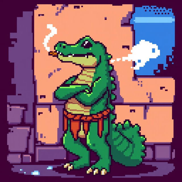 A pixelated character resembling a crocodile leaning back against a wall, smoking a cigarette, with arms crossed