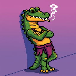 A pixelated character resembling a crocodile leaning back against a wall, smoking a cigarette, with arms crossed