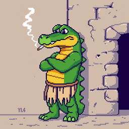 A pixelated character resembling a crocodile leaning back against a wall, smoking a cigarette, with arms crossed
