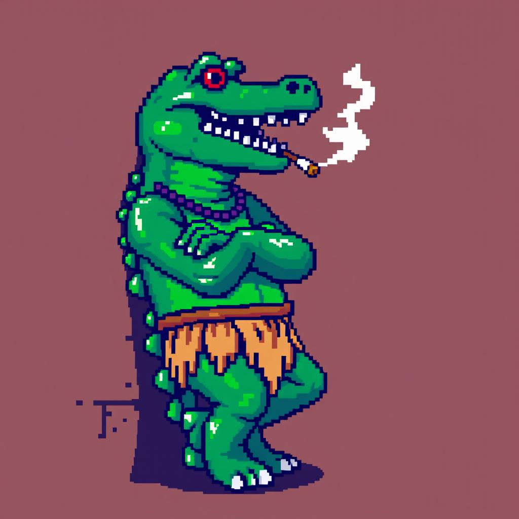 A pixelated character resembling a crocodile leaning back against a wall, smoking a cigarette, with arms crossed