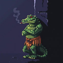 A pixelated character resembling a crocodile leaning back against a wall, smoking a cigarette, with arms crossed