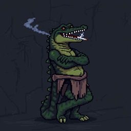 A pixelated character resembling a crocodile leaning back against a wall, smoking a cigarette, with arms crossed