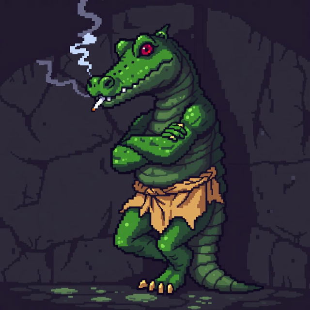 A pixelated character resembling a crocodile leaning back against a wall, smoking a cigarette, with arms crossed