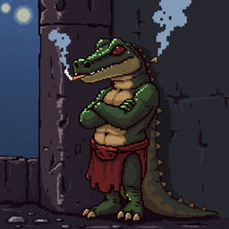A pixelated character resembling a crocodile leaning back against a wall, smoking a cigarette, with arms crossed