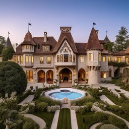 A grandiose castle-style house on a 35 kanal landscape with lavish gardens, imposing towers, expansive courtyards, and a luxurious interior design reflecting medieval splendor combined with modern amenities.