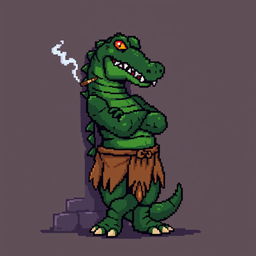 A pixelated character resembling a crocodile leaning back against a wall, smoking a cigarette, with crossed arms and menacing eyes