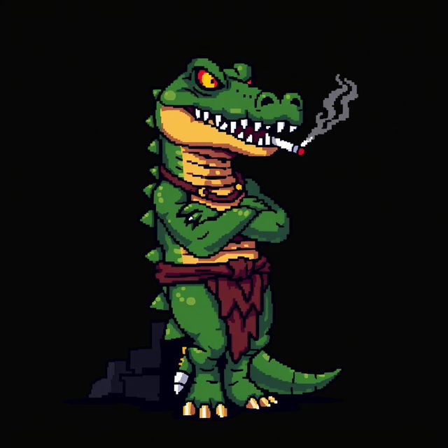 A pixelated character resembling a crocodile leaning back against a wall, smoking a cigarette, with crossed arms and menacing eyes