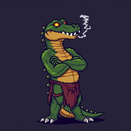 A pixelated character resembling a crocodile leaning back against a wall, smoking a cigarette, with crossed arms and menacing eyes