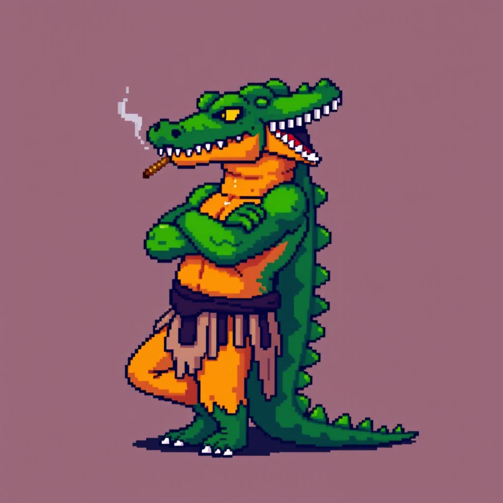 A pixelated character resembling a crocodile leaning back against a wall, smoking a cigarette, with crossed arms and menacing eyes