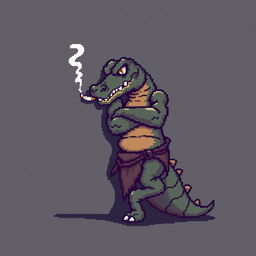 A pixelated character resembling a crocodile leaning back against a wall, smoking a cigarette with menacing eyes and crossed arms
