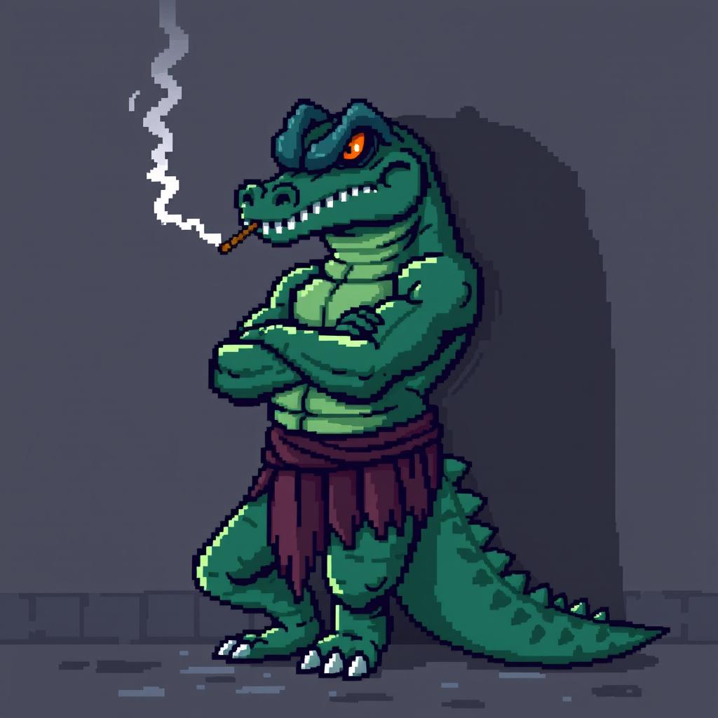 A pixelated character resembling a crocodile leaning back against a wall, smoking a cigarette with menacing eyes and crossed arms