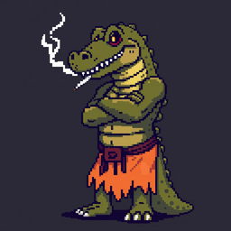 A pixelated character resembling a crocodile leaning back against a wall, smoking a cigarette with menacing eyes and crossed arms