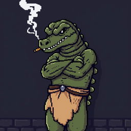 A pixelated character resembling a crocodile leaning back against a wall, smoking a cigarette with menacing eyes and crossed arms