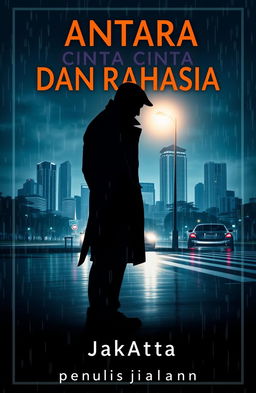 A captivating modern-style book cover for a detective novel titled "Antara Cinta Dan Rahasia" by "penulis jalanan"