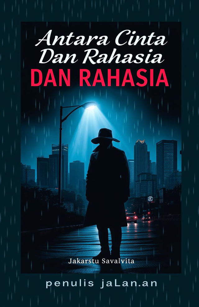 A captivating modern-style book cover for a detective novel titled "Antara Cinta Dan Rahasia" by "penulis jalanan"