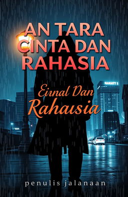 A captivating modern-style book cover for a detective novel titled "Antara Cinta Dan Rahasia" by "penulis jalanan"