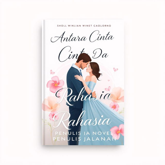 A modern Scholl-style book cover design for a romance novel titled 'Antara Cinta Dan Rahasia' by 'Penulis Jalanan'