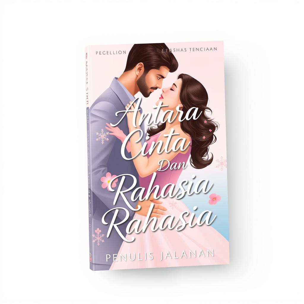 A modern Scholl-style book cover design for a romance novel titled 'Antara Cinta Dan Rahasia' by 'Penulis Jalanan'