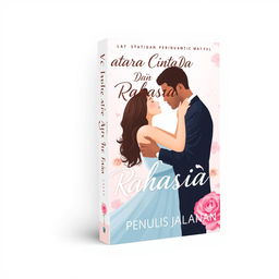 A modern Scholl-style book cover design for a romance novel titled 'Antara Cinta Dan Rahasia' by 'Penulis Jalanan'