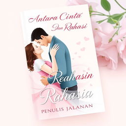 A modern Scholl-style book cover design for a romance novel titled 'Antara Cinta Dan Rahasia' by 'Penulis Jalanan'