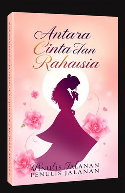 A captivating modern book cover design for a romance novel titled "Antara Cinta Dan Rahasia" by "Penulis Jalanan"