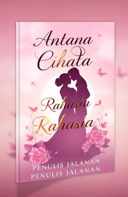 A captivating modern book cover design for a romance novel titled "Antara Cinta Dan Rahasia" by "Penulis Jalanan"