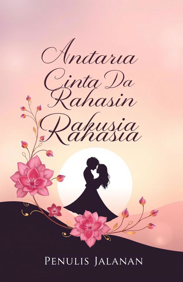 A captivating modern book cover design for a romance novel titled "Antara Cinta Dan Rahasia" by "Penulis Jalanan"