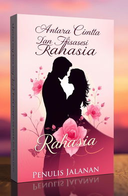 A captivating modern book cover design for a romance novel titled "Antara Cinta Dan Rahasia" by "Penulis Jalanan"