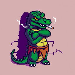 A pixelated character resembling a crocodile leaning back against a wall, smoking a cigarette