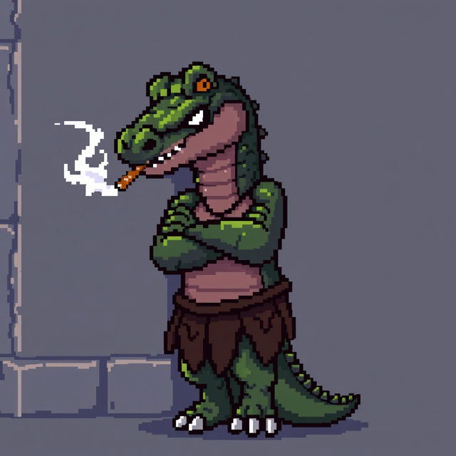 A pixelated character resembling a crocodile leaning back against a wall, smoking a cigarette