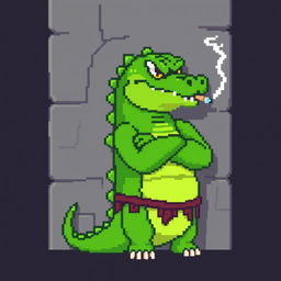 A pixelated character resembling a crocodile leaning back against a wall, smoking a cigarette